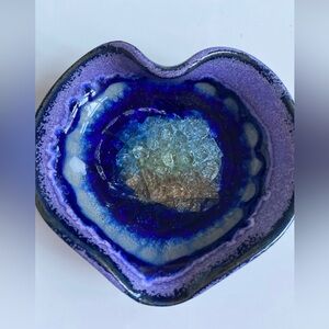 Handcrafted art glass Heart trinket dish in Deep Blue and Purple 3.5”